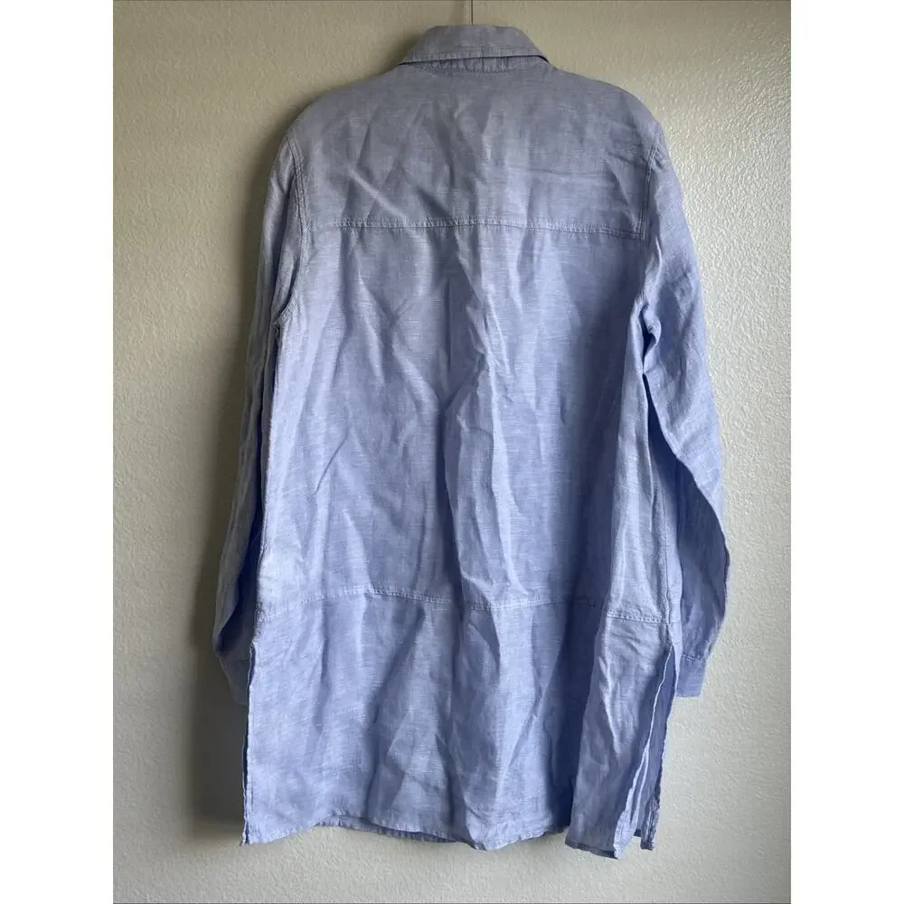 Tahari 100% Linen Tunic Women’s Sm Blue Chambray Roll-Tab Sleeve Button Up Top - Picture 2 of 7